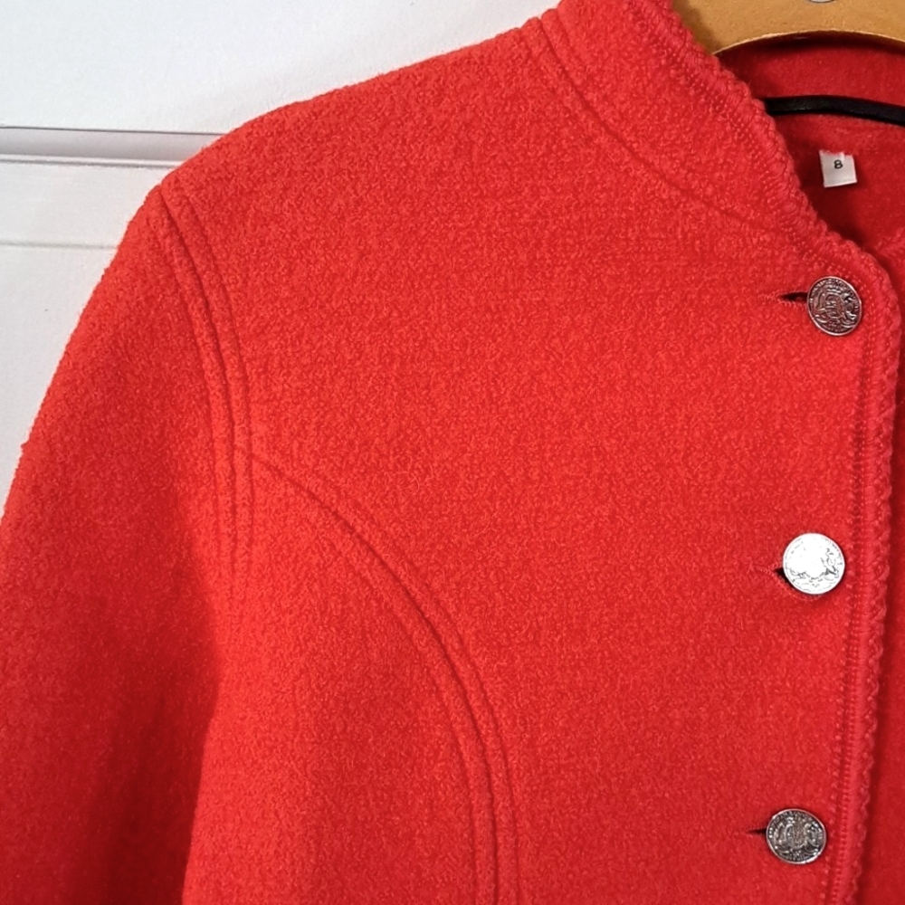 Vintage Red Pure Wool Cropped Jacket Coat Silver Crest Buttons Pockets Timeless - Picture 4 of 13